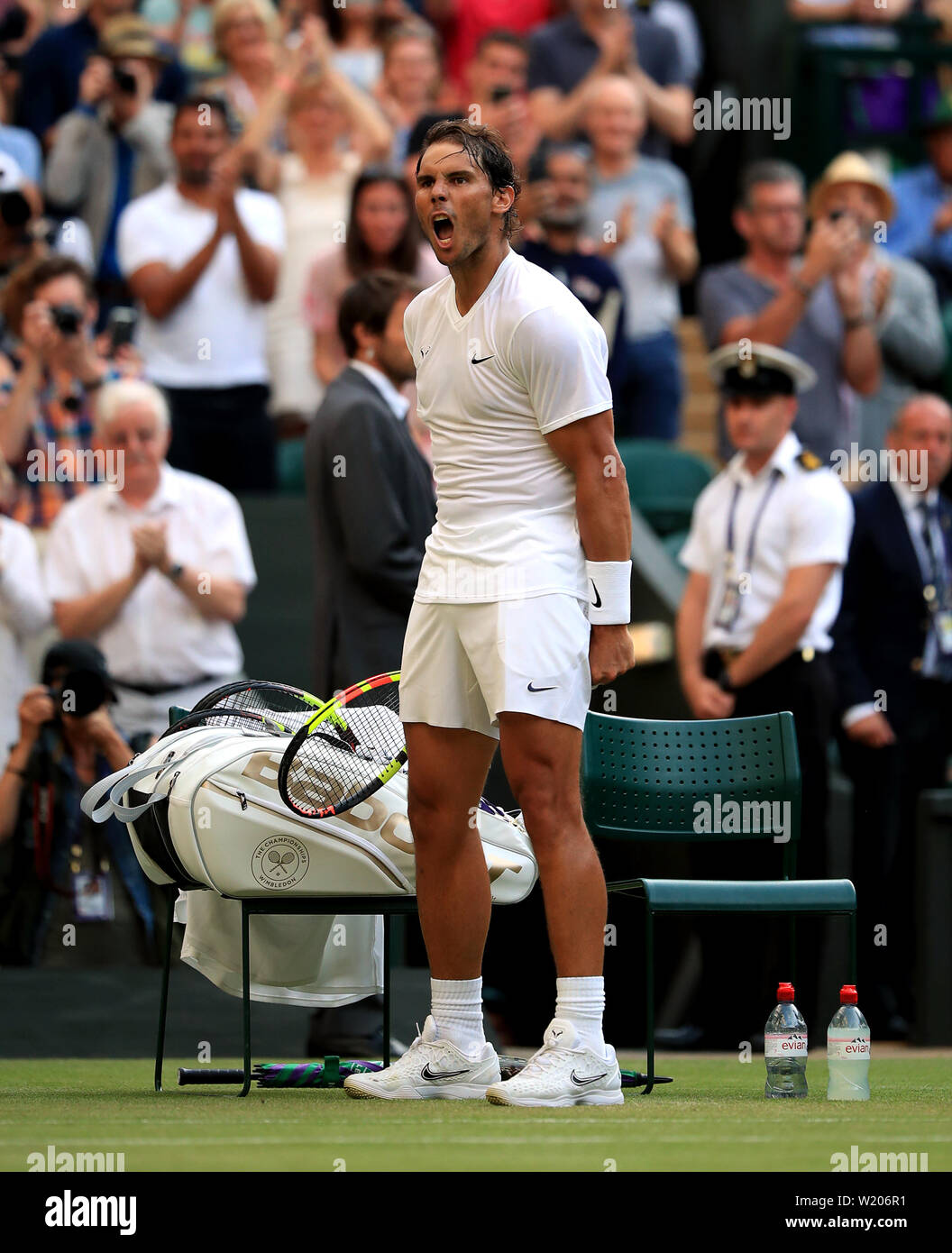 Rafael Nadal celebrates beating Nick Kyrgios on day four of the Wimbledon  Championships at the All England Lawn Tennis and Croquet Club, Wimbledon  Stock Photo - Alamy