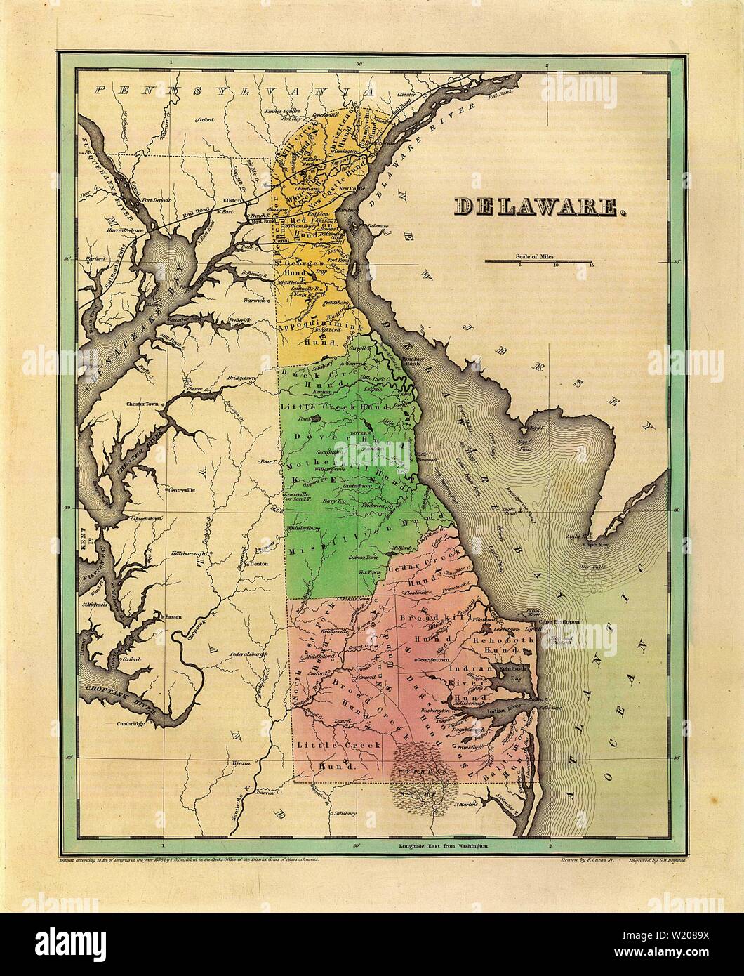 1838 Map of Delaware - Vintage Antiquarian Map by Bradford Stock Photo