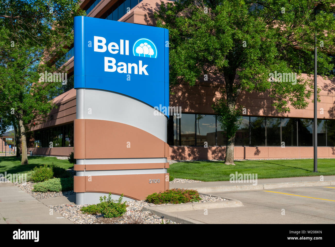 FARGO, ND/USA JUNE 27, 2019 Bell Bank exterior and trademark logo