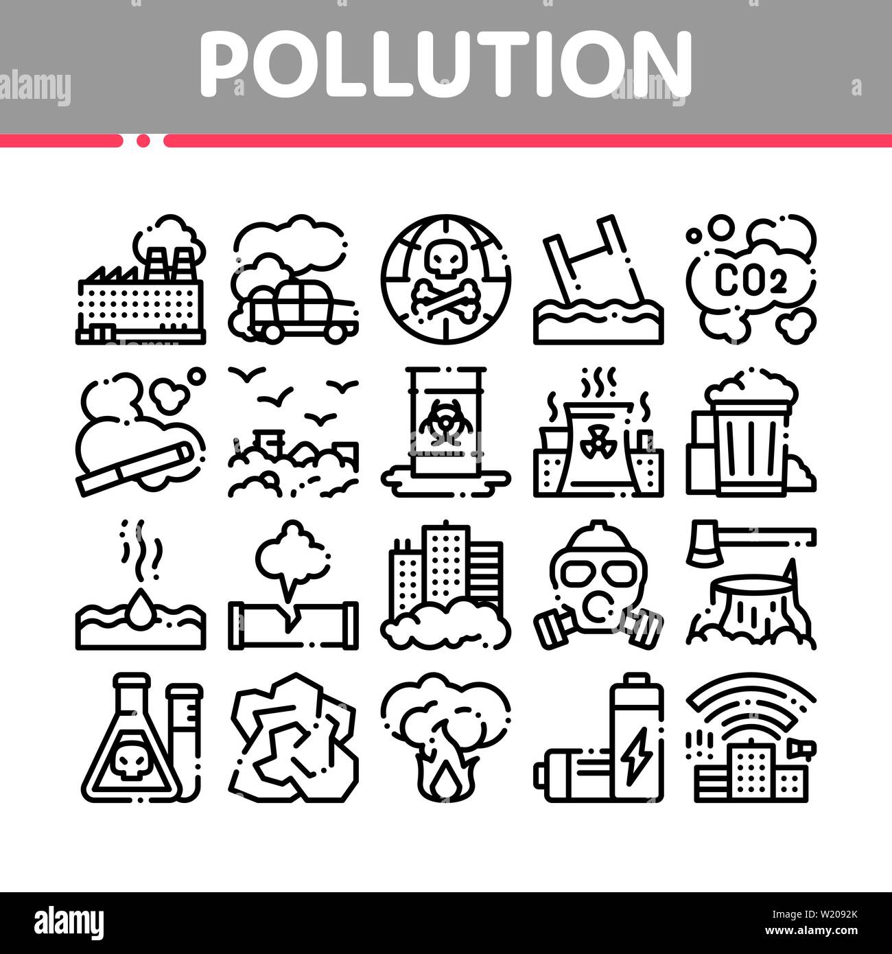 Pollution of Nature Vector Thin Line Icons Set Stock Vector