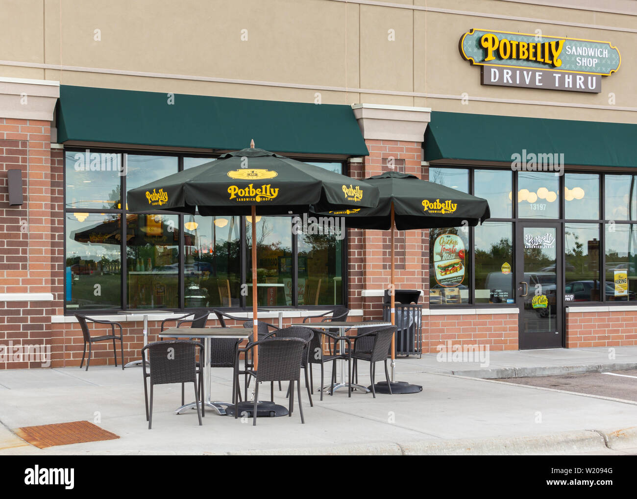 STILLWATER, MN/USA - JULY 3, 2019: Potbelly Sandwich Shop exterior sign and trademark logo. Stock Photo