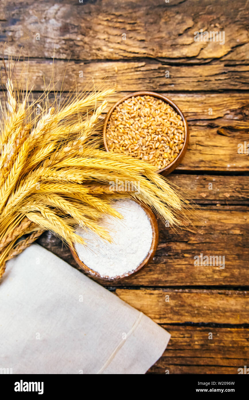 Assortment of baked fresh various rye, loaf or whole grain brown bread, wheat ear or spike and flour on wooden board table. Bakery concept image. Stock Photo