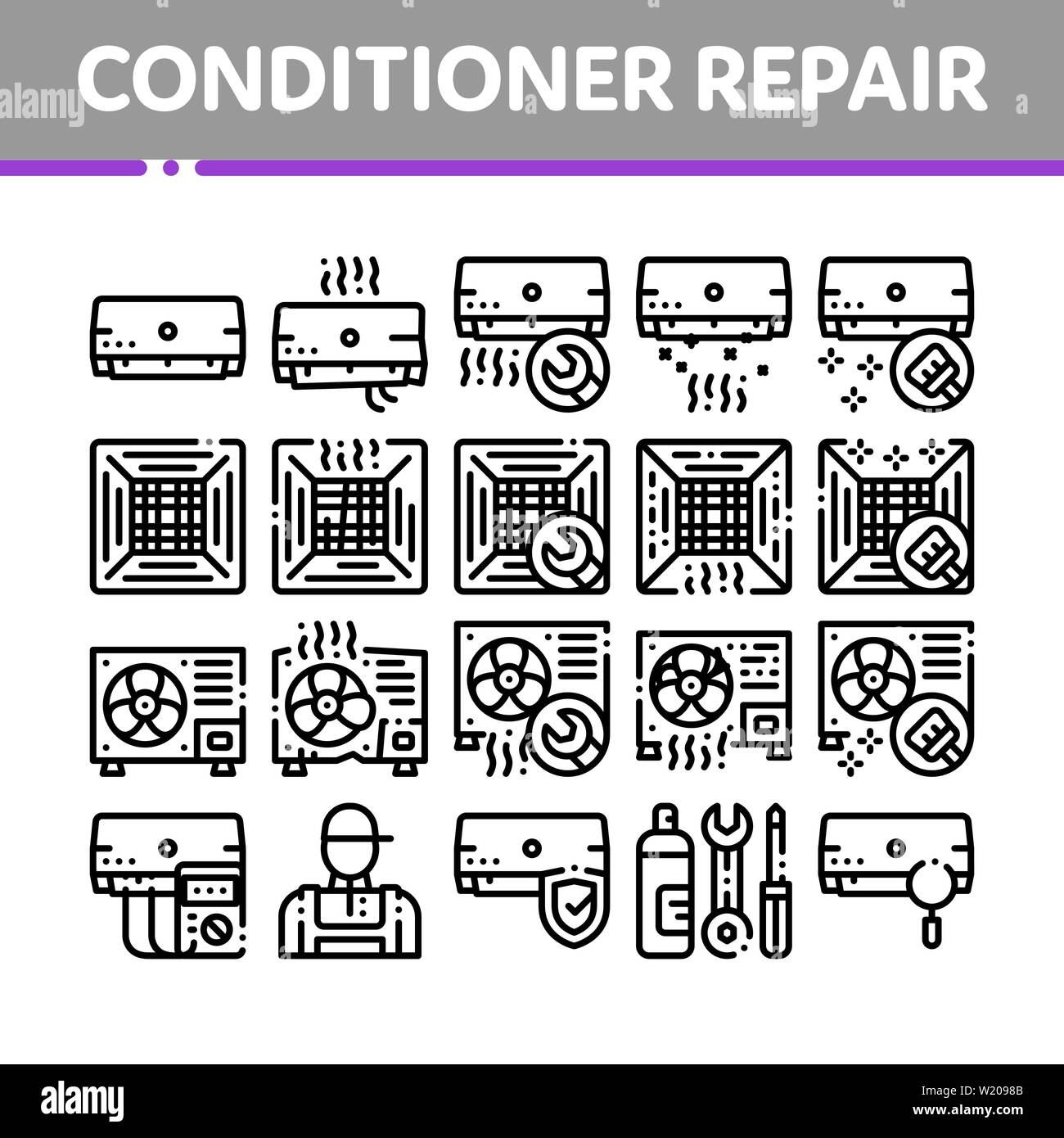 Conditioner Repair Vector Thin Line Icons Set Stock Vector
