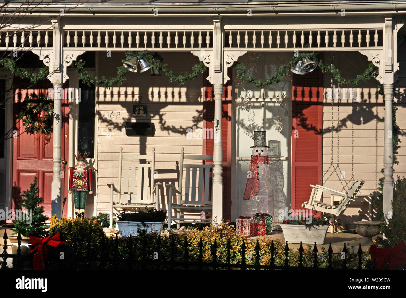 House porch decorated for Christmas in Pennsylvania, USA Stock Photo