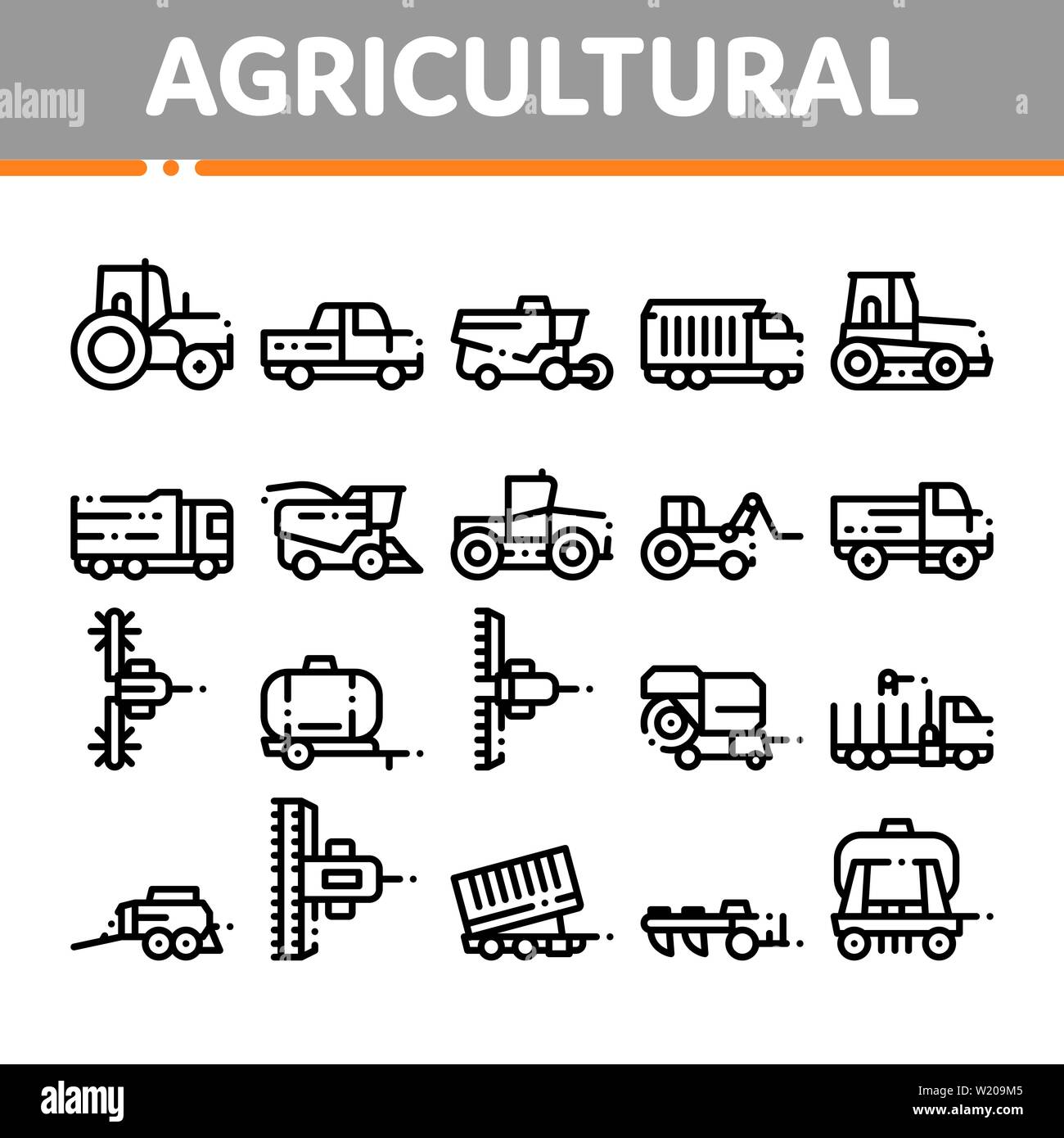 Agricultural Vehicles Vector Thin Line Icons Set Stock Vector