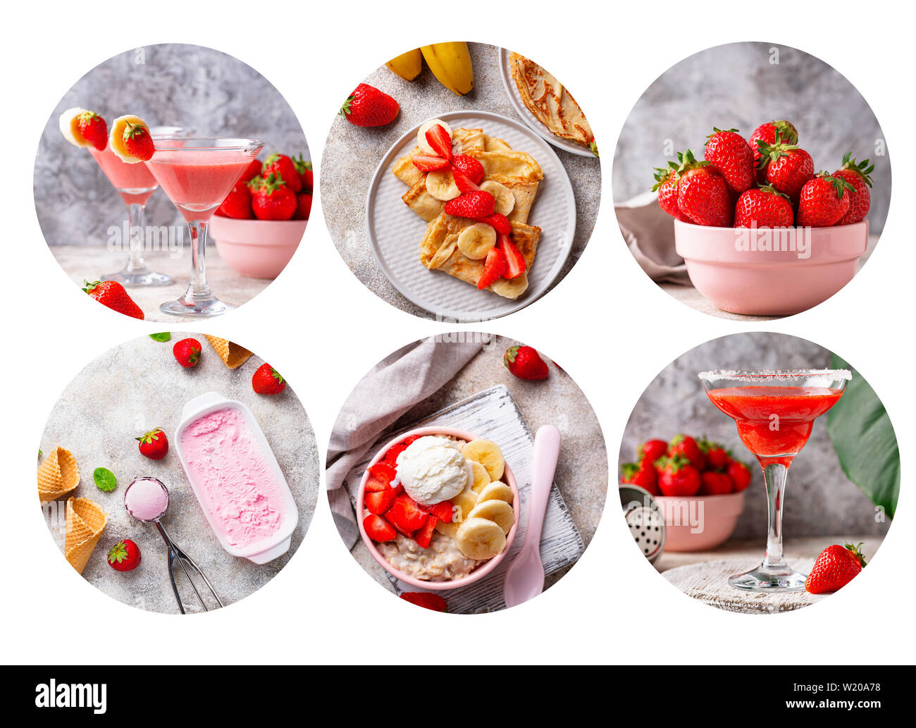 Food collage. Different dishes with strawberry. Stock Photo