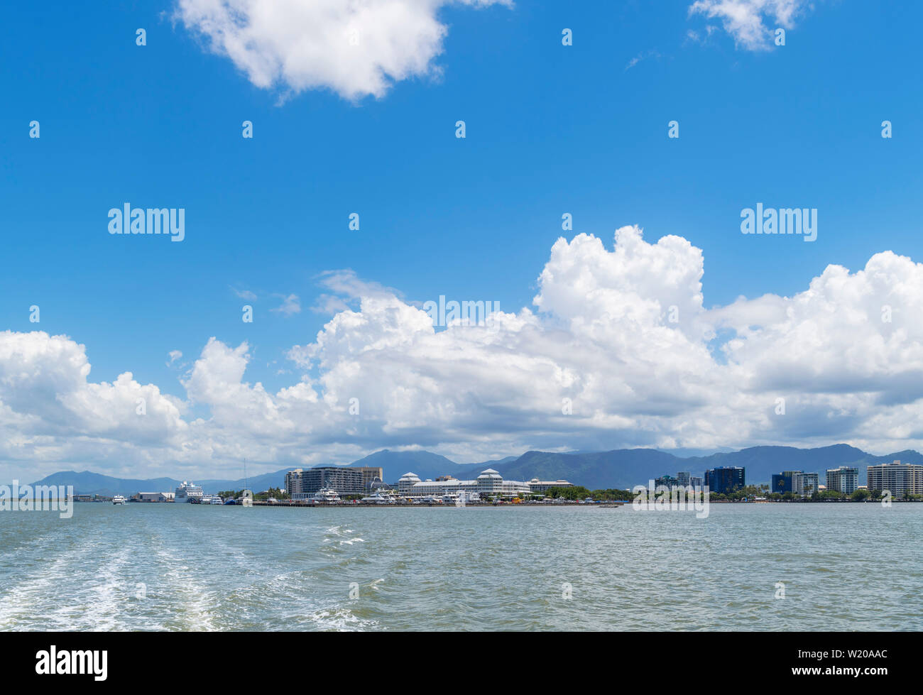 The city viewed from the deck of a reef cruise boat, Cairns, Queensland, Australia Stock Photo