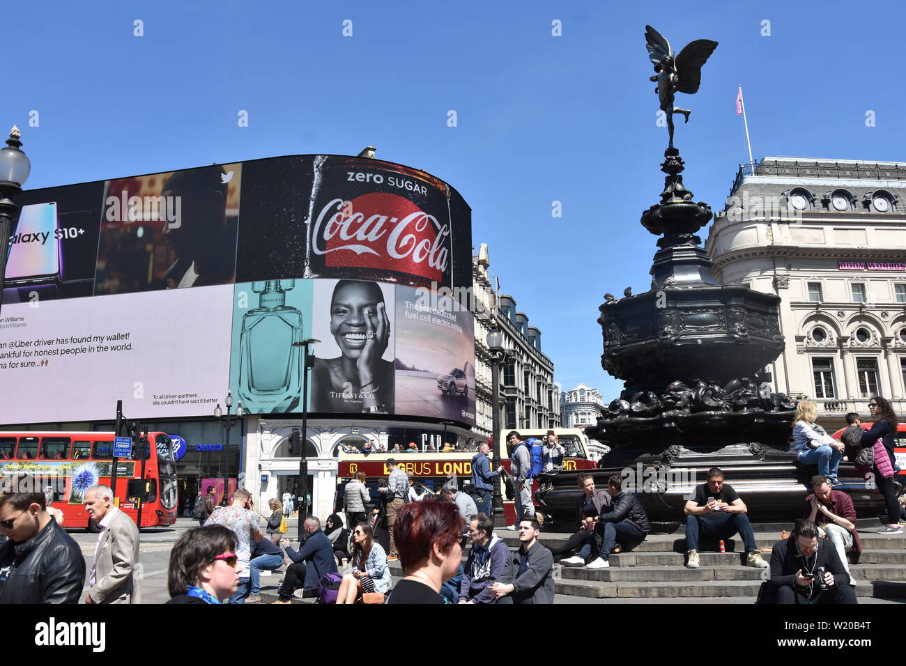 Piccadilly Circus is a road junction and public space of London's West End in the City of Westminster. Stock Photo