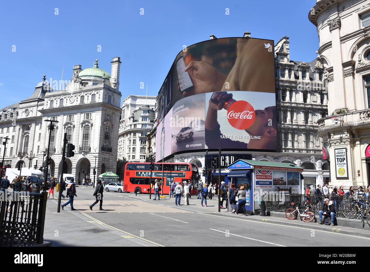 Piccadilly Circus is a road junction and public space of London's West End in the City of Westminster. Stock Photo