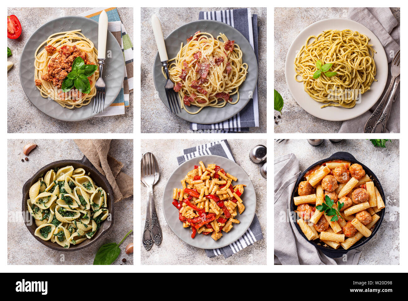 Collage with different pasta dish Stock Photo