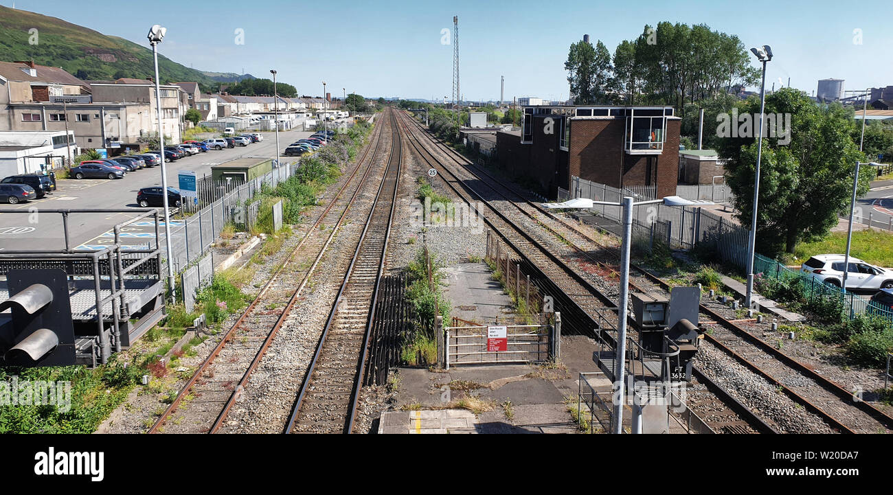 Margam, Wales, UK. 3rd July, 2019. The railway lines as seen from the Port Talbot Parkway railway station in south Wales, UK. Wednesday 03 July 2019 Re: Two rail workers have died after being hit by a passenger train between Port Talbot Parkway and Bridgend stations in south Wales, UK. The pair were struck near Margam by the Swansea to London Paddington train at about 10am. They were pronounced dead at the scene and a third person was treated for shock, but was not injured. Credit: ATHENA PICTURE AGENCY LTD/Alamy Live News Stock Photo