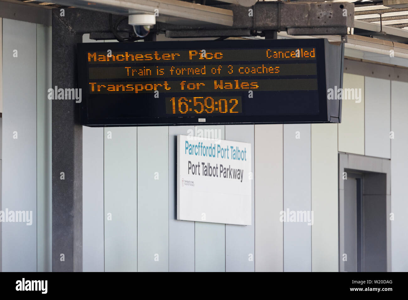 Margam, Wales, UK. 3rd July, 2019. A screen with a list of cancelled services on one of the platforms of the Port Talbot Parkway railway station in south Wales, UK. Wednesday 03 July 2019 Re: Two rail workers have died after being hit by a passenger train between Port Talbot Parkway and Bridgend stations in south Wales, UK. The pair were struck near Margam by the Swansea to London Paddington train at about 10am. They were pronounced dead at the scene and a third person was treated for shock, but was not injured. Credit: ATHENA PICTURE AGENCY LTD/Alamy Live News Stock Photo