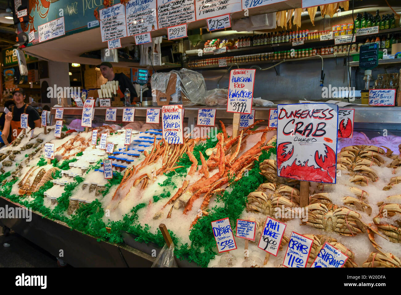 SEATTLE, WASHINGTON STATE, USA JUNE 2018 Display of fresh fish in Pike Place Market in