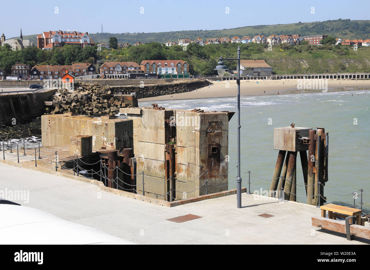 Concrete plinths or 'dolphins' on the Harbour Arm in Folkestone, previously used for roll-on-roll-off ferries, before they stopped running, in Kent UK Stock Photo