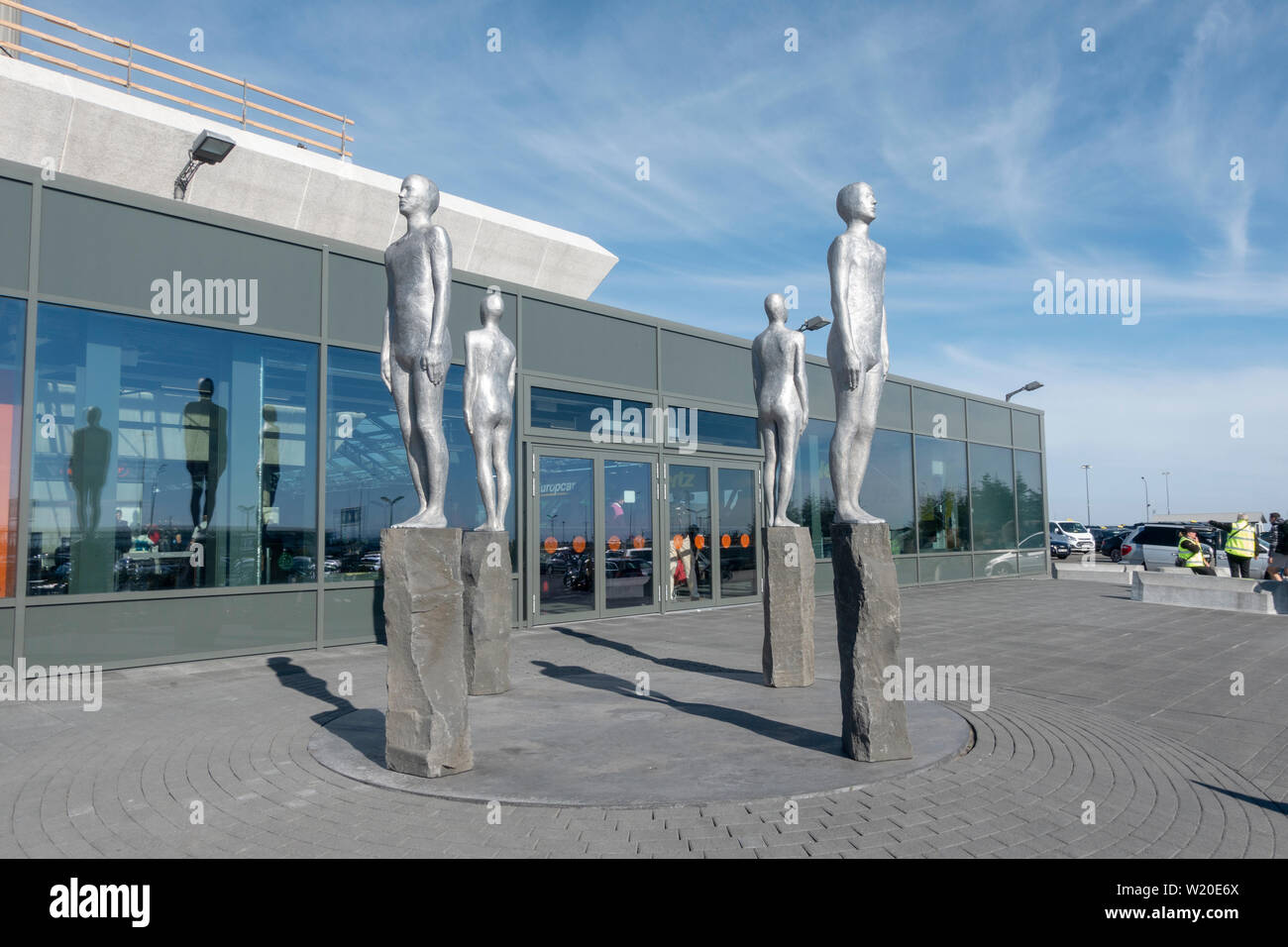Sculpture ('Directions') outside the arrivals exit at Keflavík International Airport, near Reykjavik, Iceland. Stock Photo