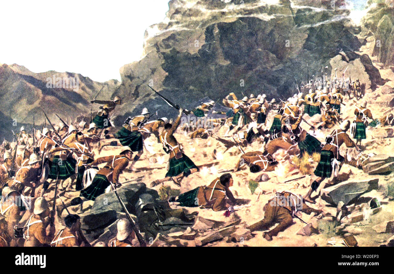 DARGAI HEIGHTS Gordon Highlanders storm the Dargai Heights in what is now Pakistan on 20 October 1897 to defeat Afridi tribesmen Stock Photo