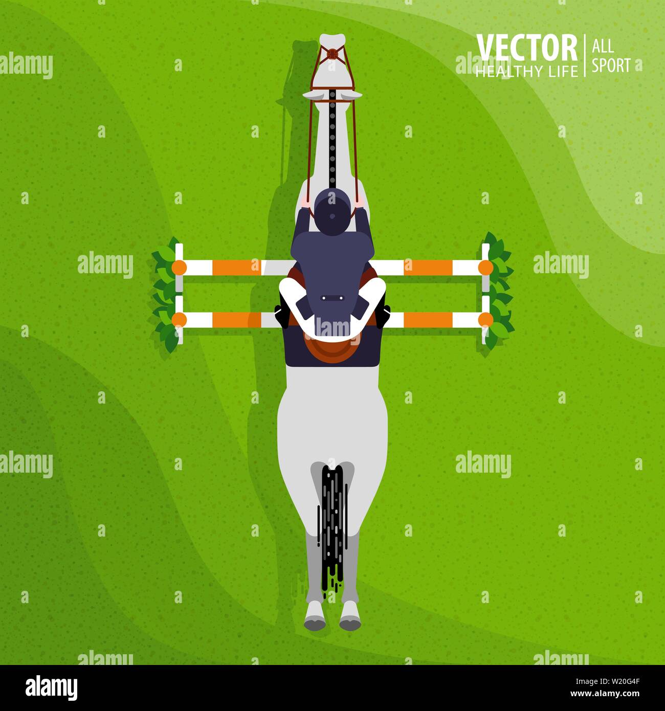 Equestrian sport. Poster. Jockey riding jumping horse. Competitions. Top view. Vector illustration Stock Vector