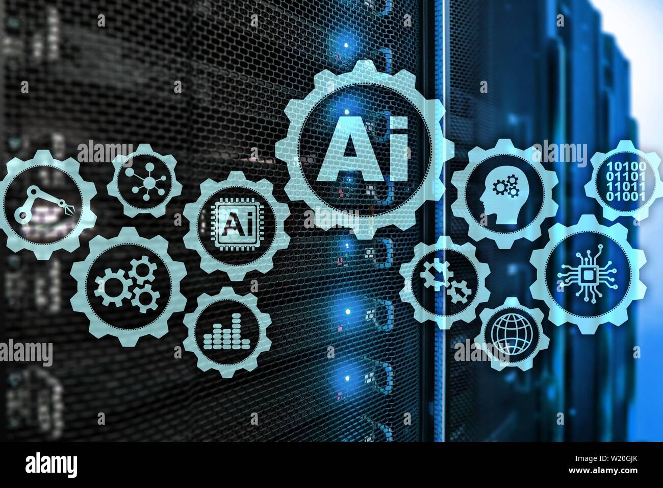 Artificial intelligence hi-tech business technologies concept. Futuristic server room background. AI Stock Photo