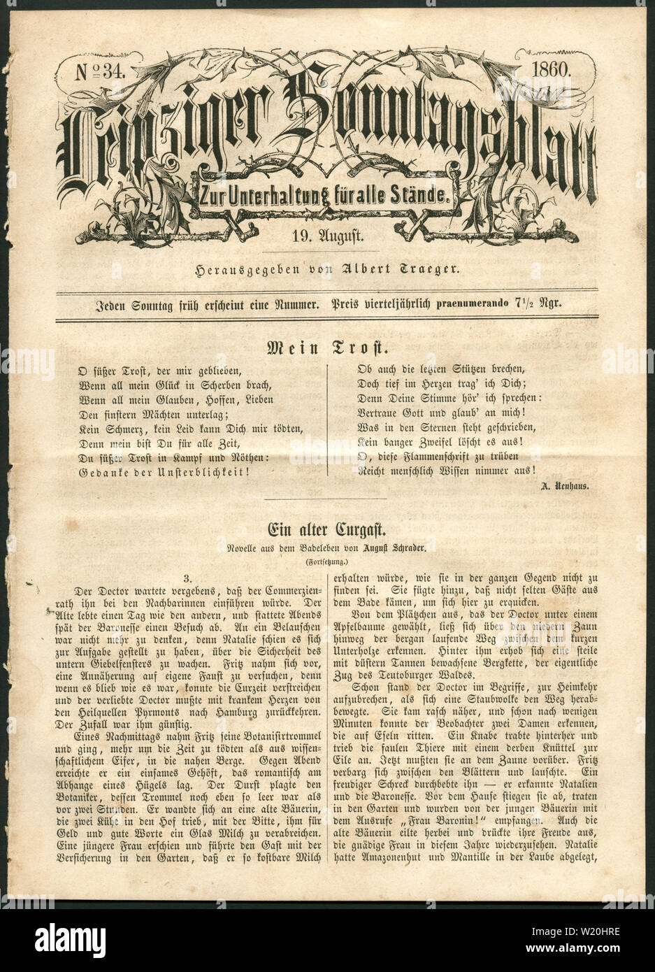 Europa, Deutschland, Sachsen, Leipzig, historische Zeitung ;  ' Leipziger Sonntagsblatt ' , No. 34, 19. August 1860 , herausgegeben von Albert Traeger Stock Photo