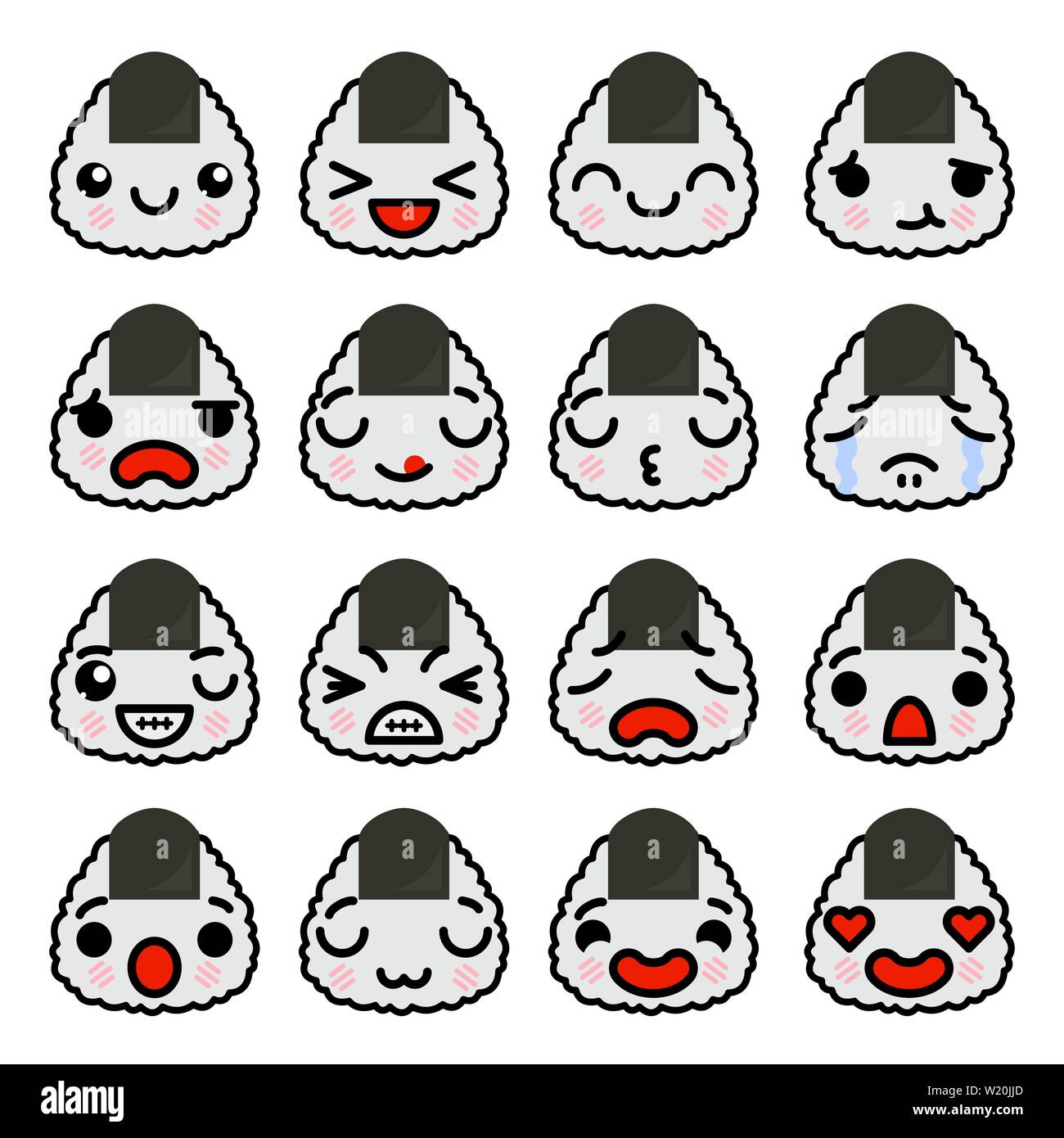 Set of Emoji Onigiri icons with different emotions. Vector illustration Stock Vector