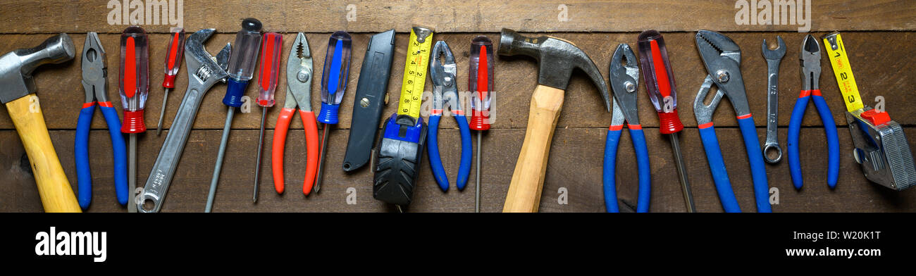 Working tools on wooden background Stock Photo