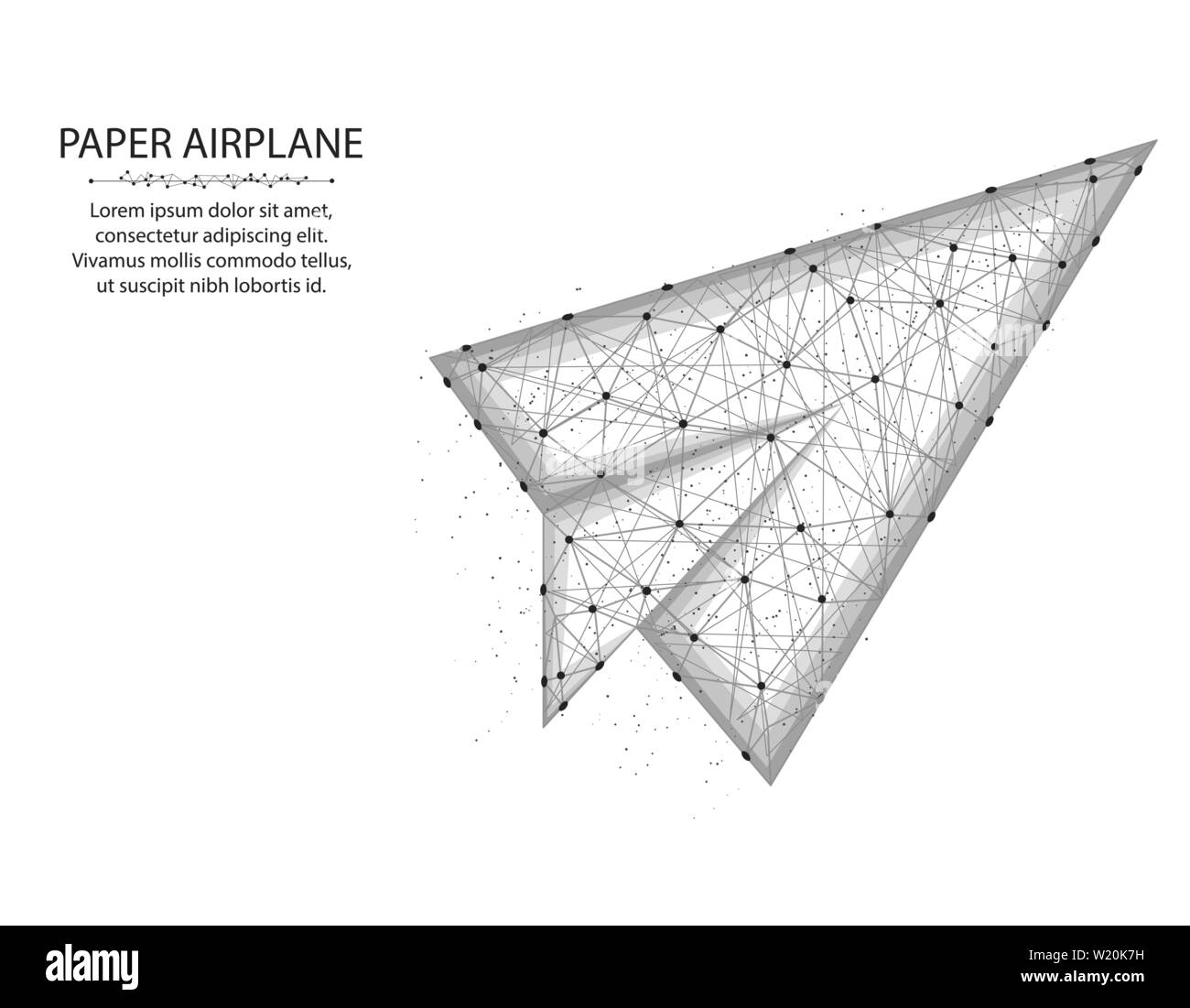 Paper airplane low poly design, flight up in polygonal style, origami plane wire frame vector