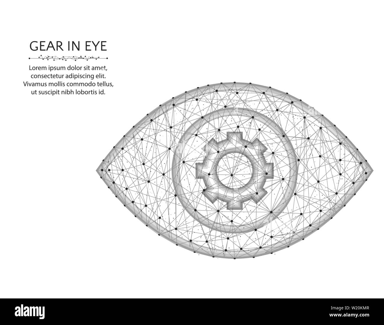 Gear in the eye low poly design, settings or mechanism in a polygonal style, view viewing wire frame vector illustration on a white background Stock Vector