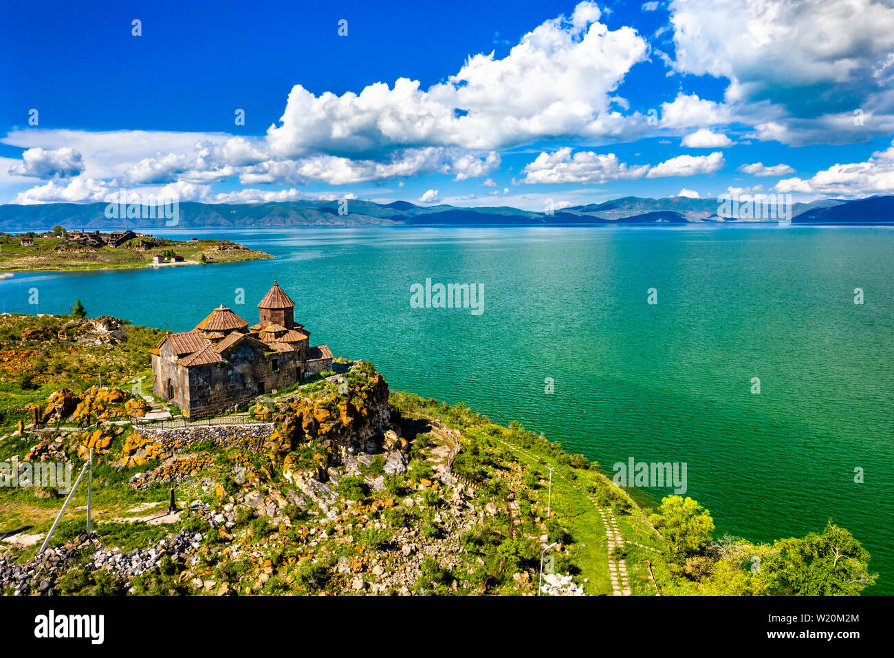 Aerial view of Hayravank monastery on the shores of lake Sevan in Armenia Stock Photo