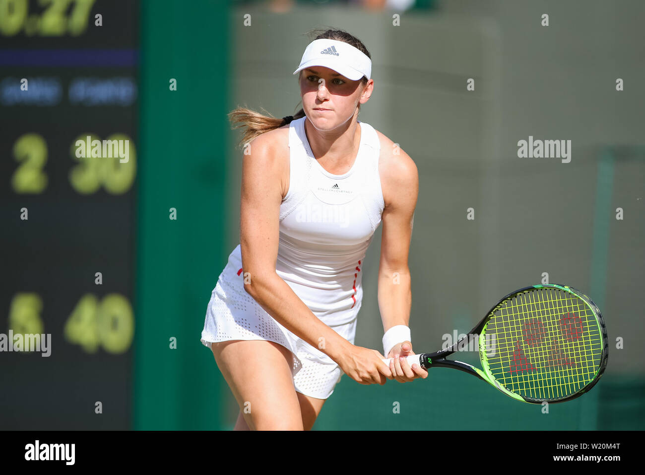 Wimbledon, London, UK. 4th July 2019. Kaja Juvan of Slovenia during the  women's singles second round match of the Wimbledon Lawn Tennis  Championships against Serena Williams of the United States at the