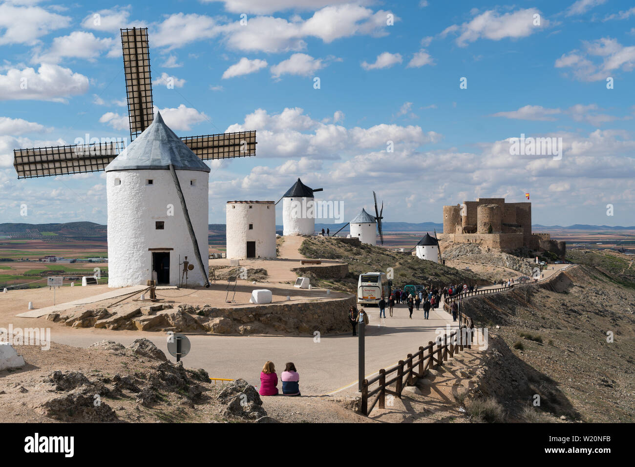 windmills with castle, Consuegra, Castile-La Mancha, Spain Stock Photo