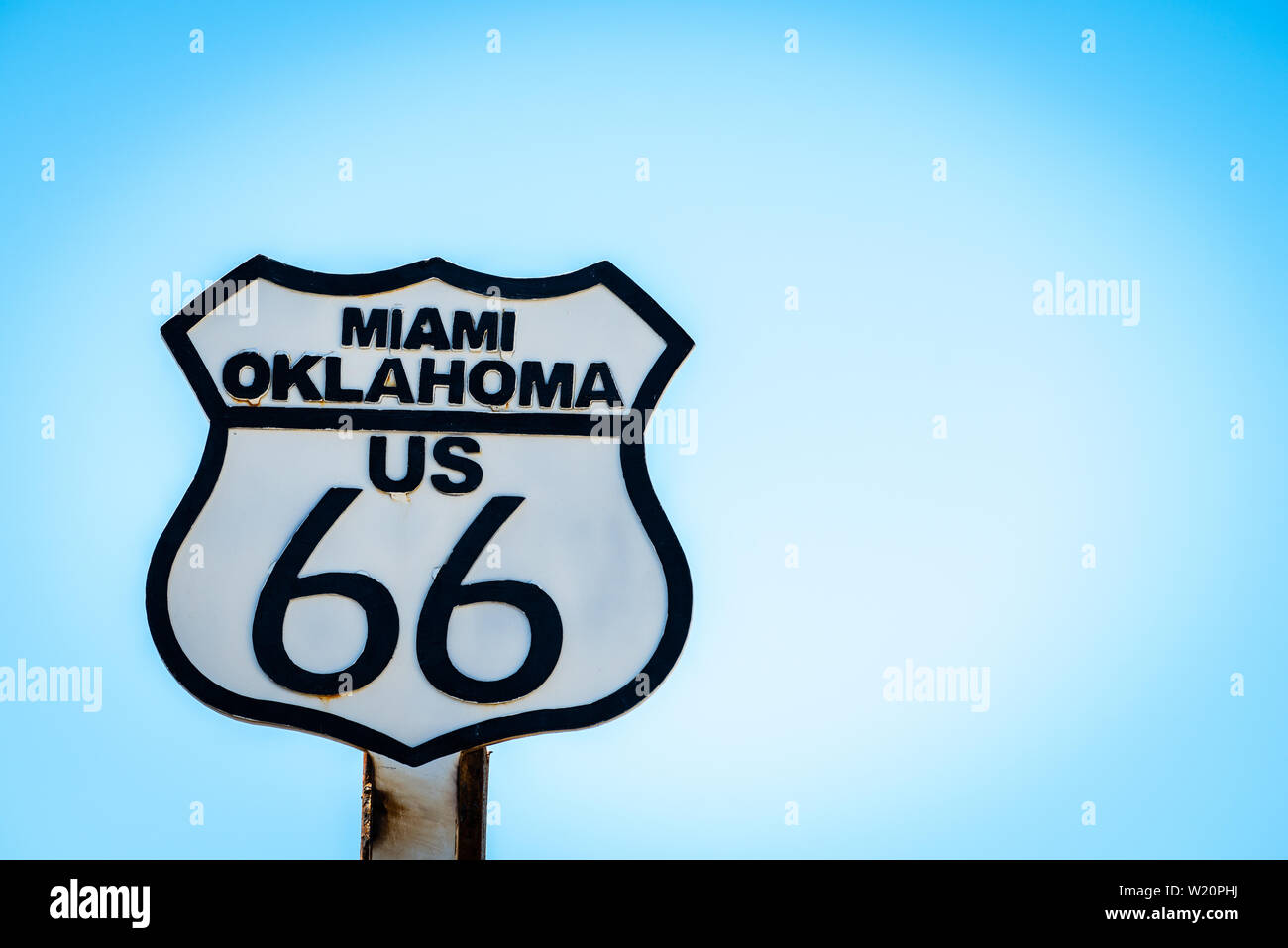Black and white sign on US Route 66 in Miami, Oklahoma Stock Photo