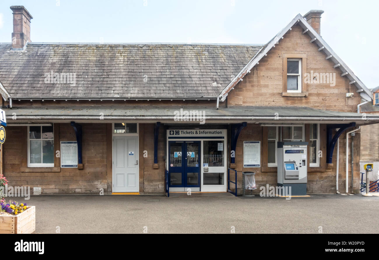 Exterior of the Tickets and Information office at Lanark Staion, a railway station in, Scotland. En trance, door, accessible, train timetables, ticket Stock Photo