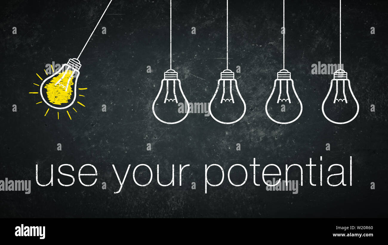 Graphic: use your potential - light bulbs and text on a chalkboard Stock Photo