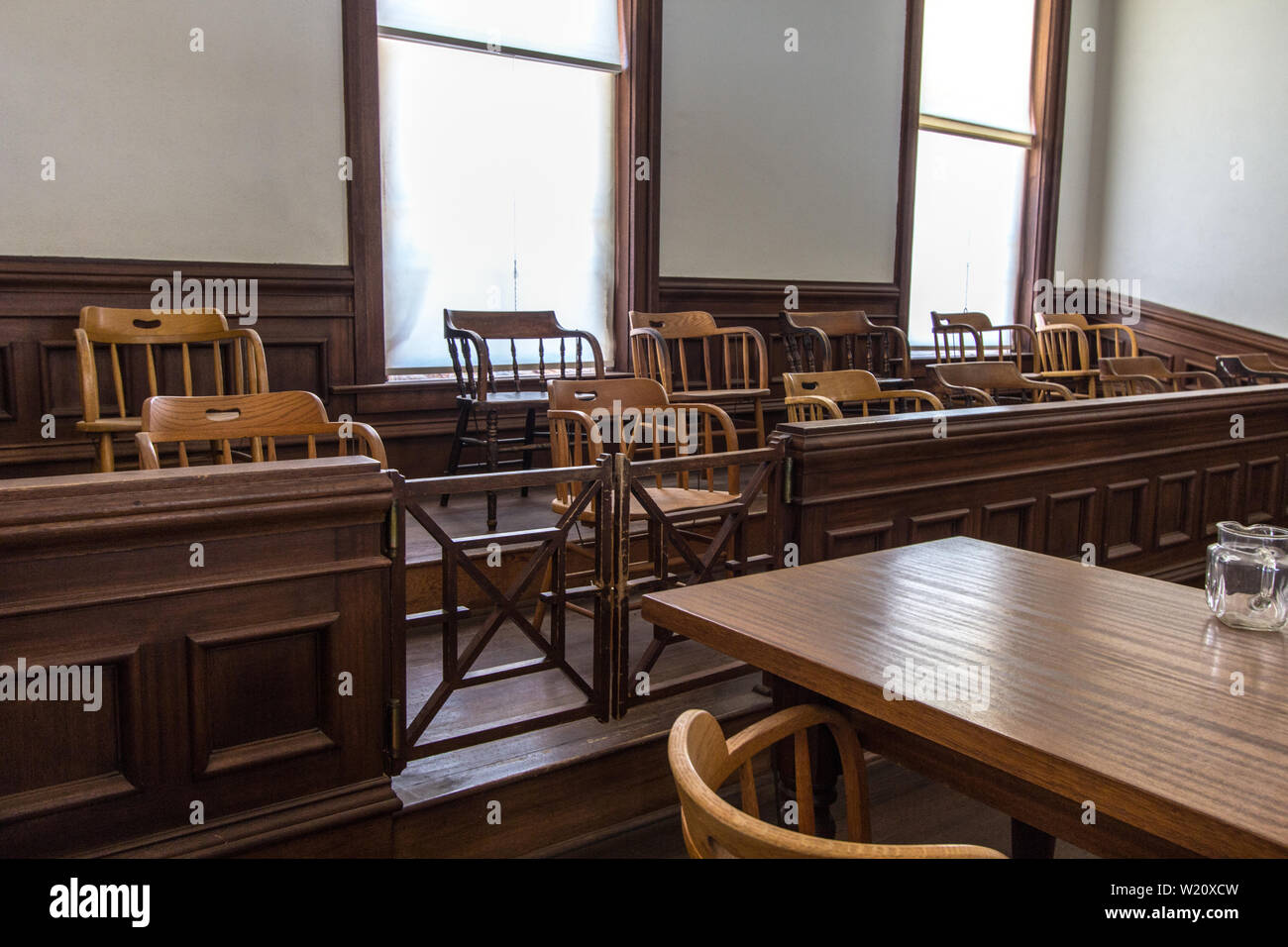 Juror Box. Jury box in courtroom at small rural county courthouse. Stock Photo