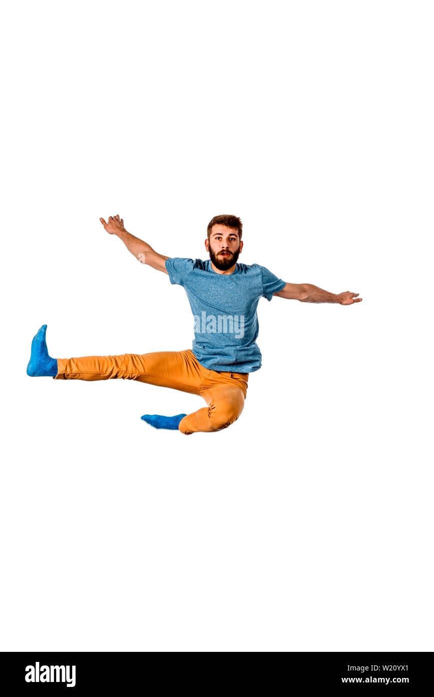 Amazing dancer is doing breakdance on a white background Stock Photo