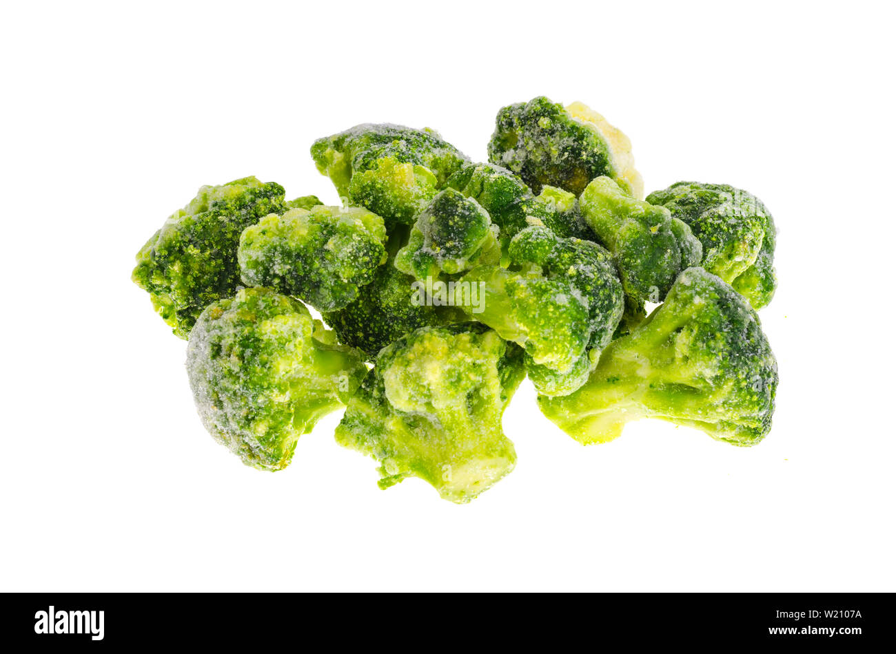 Bunch of frozen broccoli isolated on white background. Stock Photo