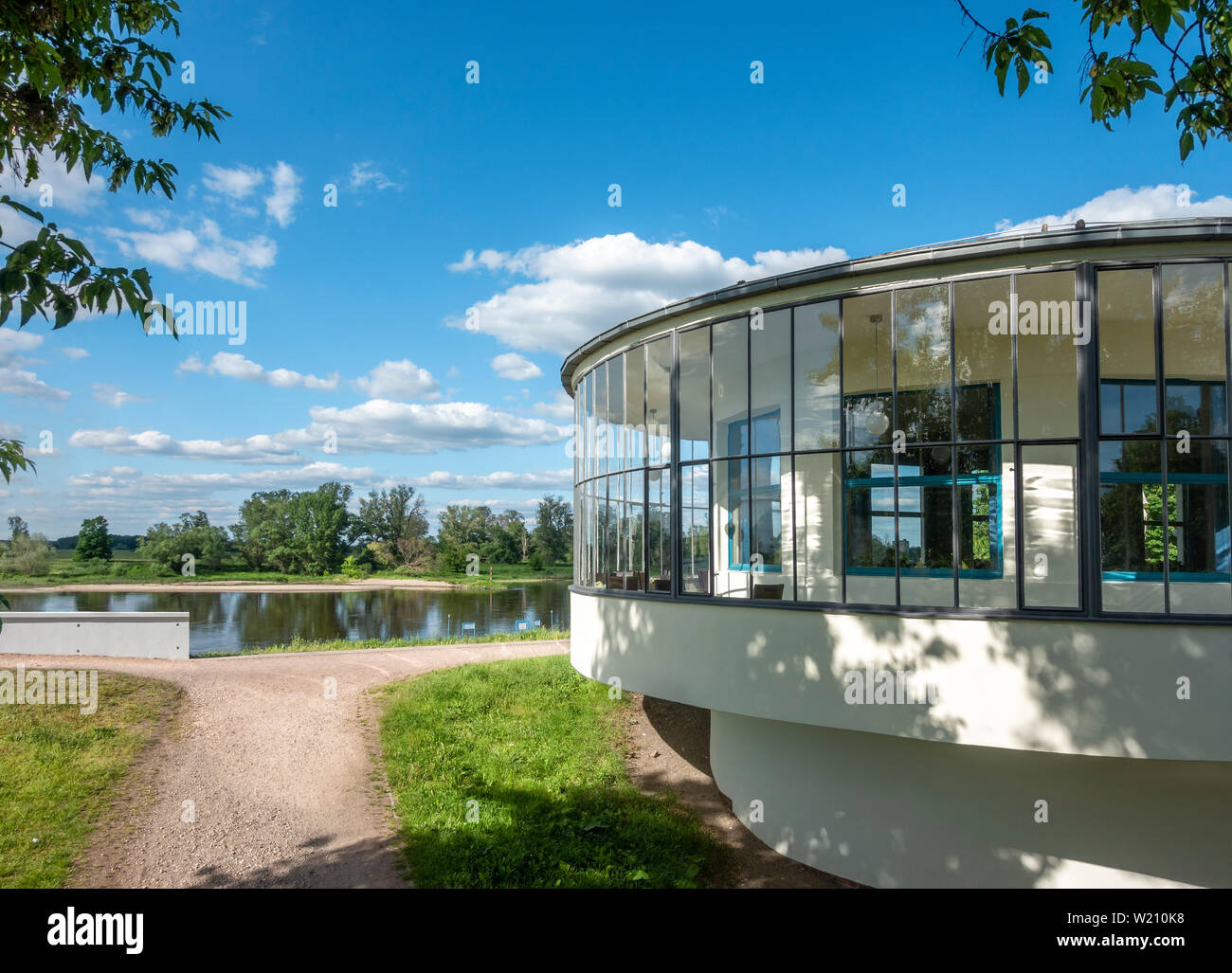 Kornhaus Restaurant on the banks of the Elbe river in Dessau designed in 1929 by architect Carl Fieger who was a teacher at the Bauhaus. Stock Photo