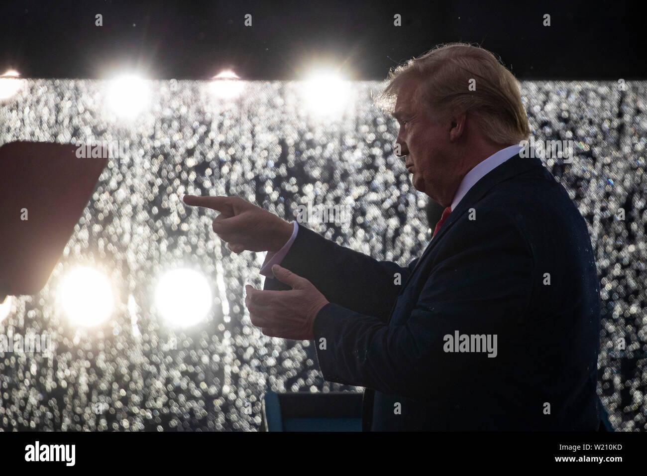 U.S. President Donald Trump participates during the Fourth of July Celebration 'Salute to America' event in Washington, DC, U.S., on Thursday, July 4, 2019. The White House said Trump's message won't be political -- Trump is calling the speech a 'Salute to America' -- but it comes as the 2020 campaign is heating up. Credit: Al Drago/Pool via CNP/MediaPunch Stock Photo