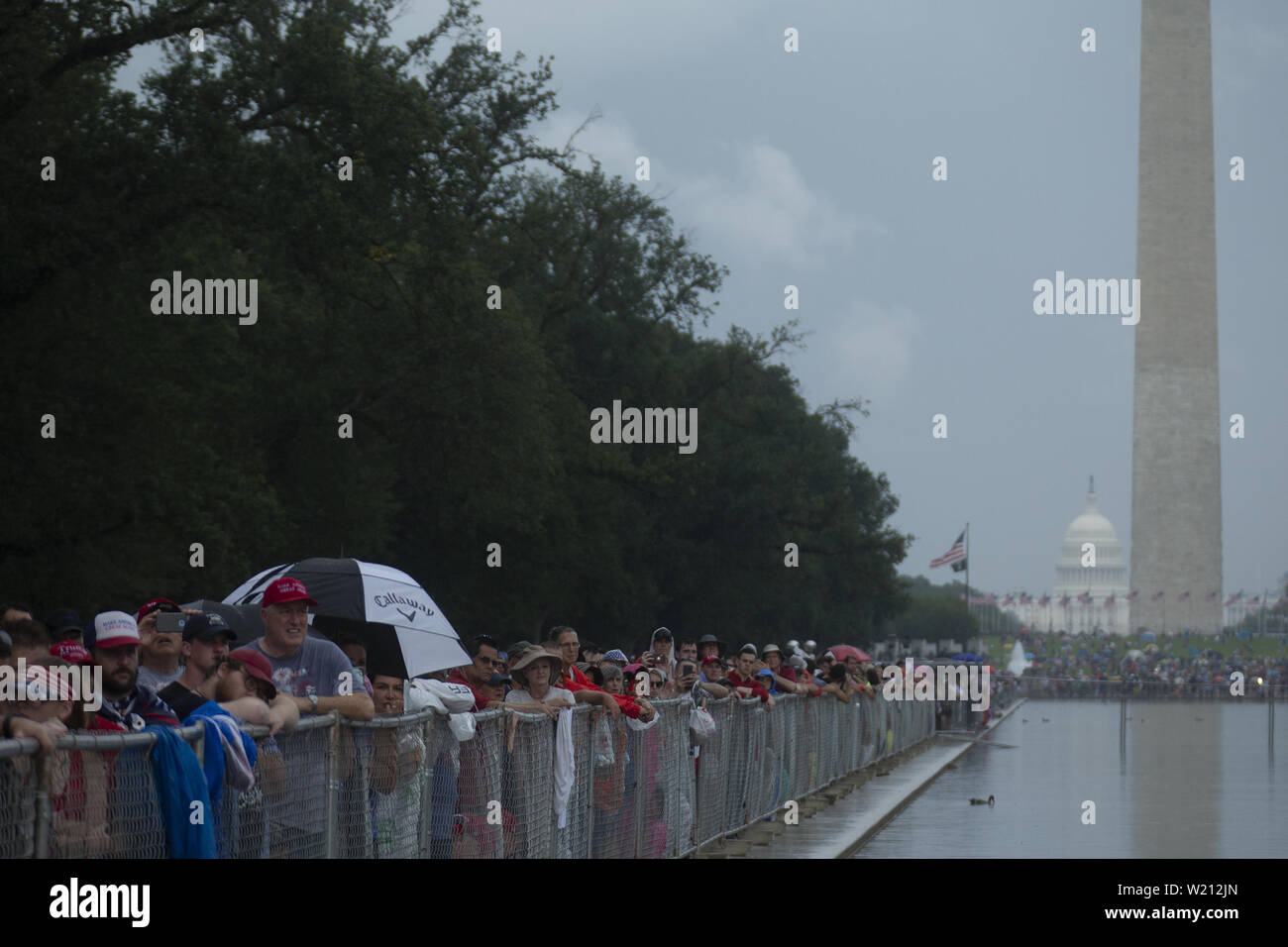 Washington, District of Columbia, USA. 4th July, 2019. Crowds gather prior to United States President Donald J. Trump's Salute to America event in Washington DC on July 4, 2019. Credit: Stefani Reynolds/CNP/ZUMA Wire/Alamy Live News Stock Photo