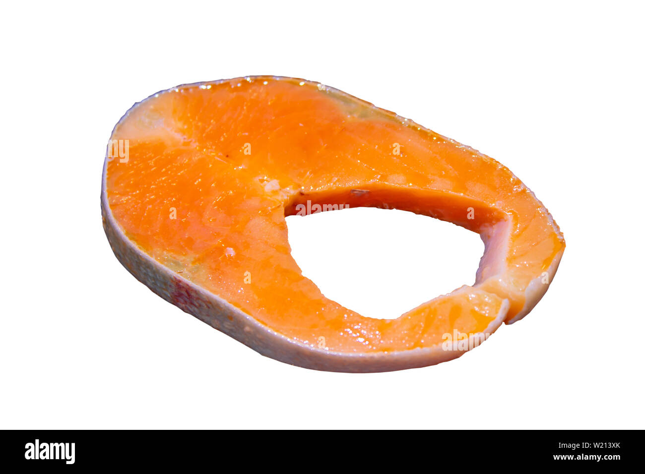 Isolated Slice of Raw Salmon on a white background with clipping path ...