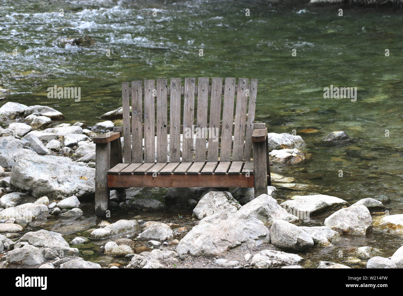 Old Wooden Adirondack Bench By The River Big Sur California