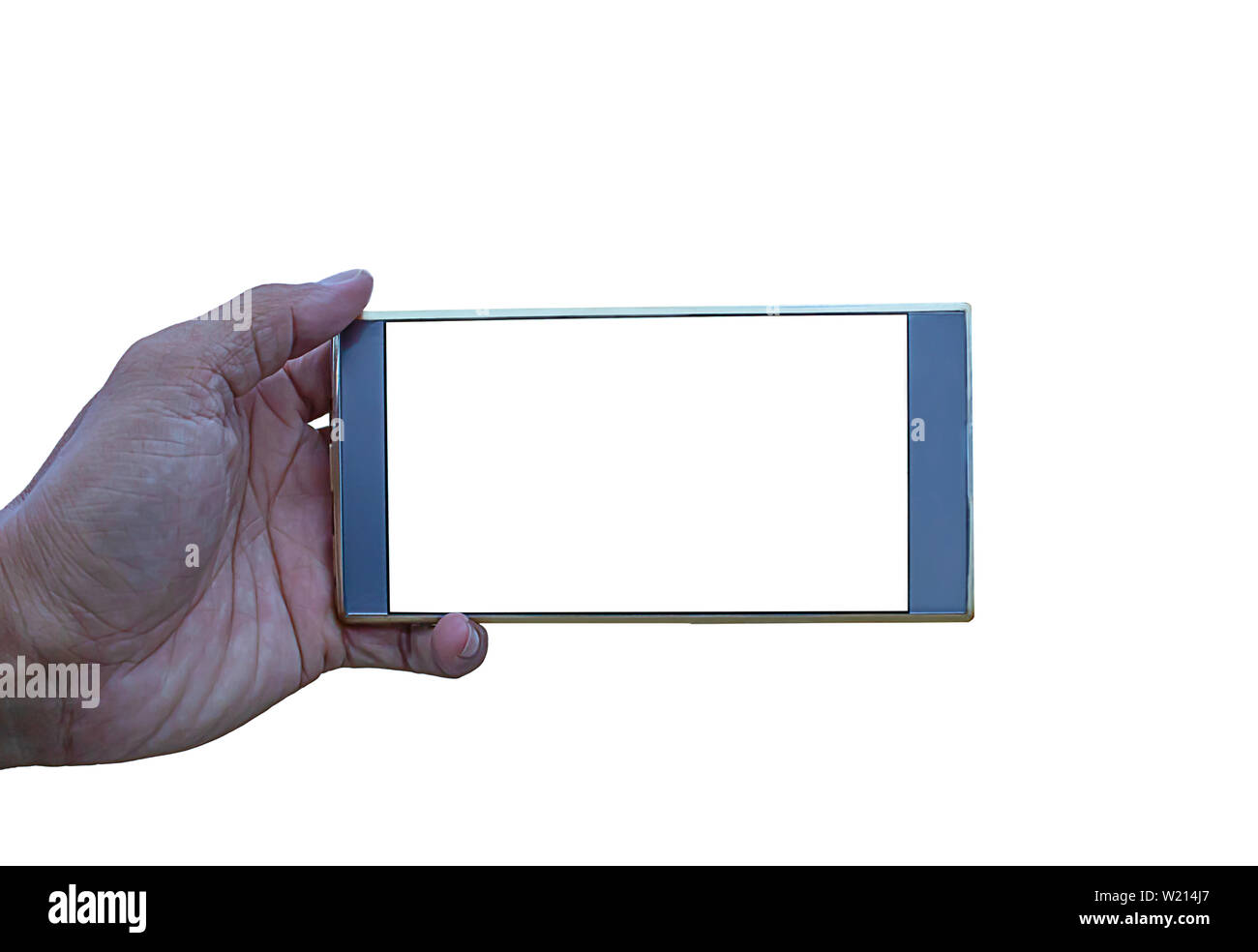 The hand holding the phone on a white background Stock Photo - Alamy