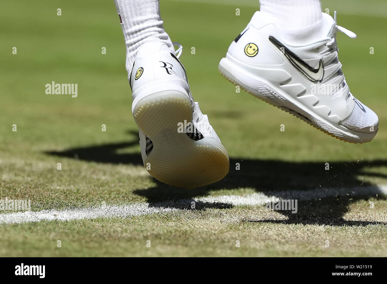 Wimbledon, London, UK. 4th July 2019, The All England Lawn Tennis and  Croquet Club, Wimbledon, England, Wimbledon Tennis Tournament, Day 4;  Detailed view of Roger Federer (SUI) shoes Credit: Action Plus Sports