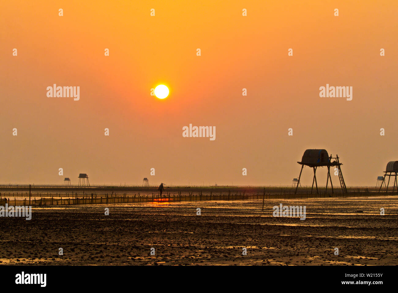 Sunset over Dong Chau beach in Thai Binh, Vietnam. This is a large farm for aquaculture, especially clams. Stock Photo