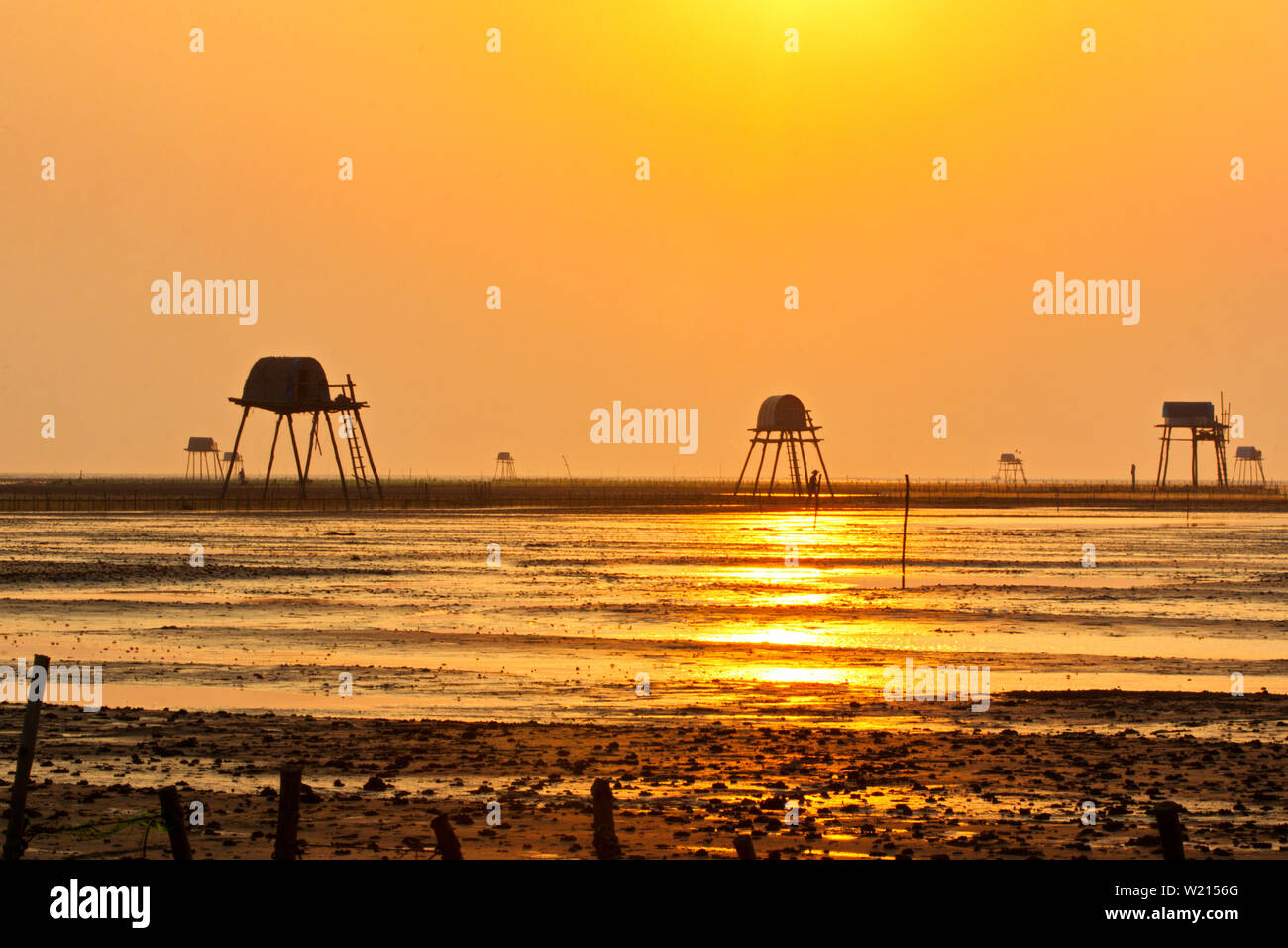 Sunset over Dong Chau beach in Thai Binh, Vietnam. This is a large farm for aquaculture, especially clams. Stock Photo
