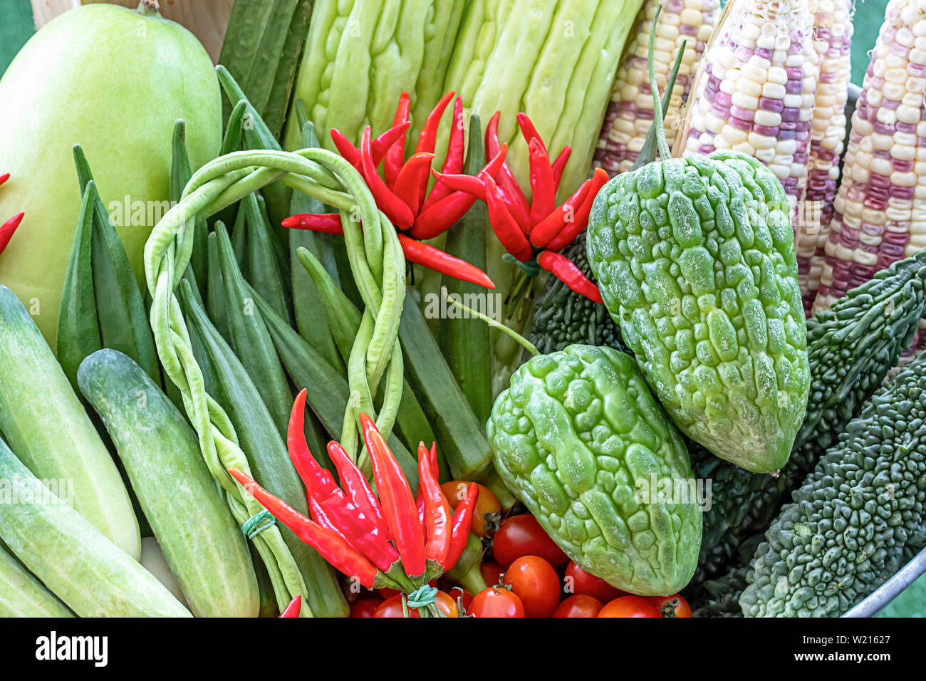 Vegetables in Thailand Cucumber , Tomato , Bitter gourd and red chilli