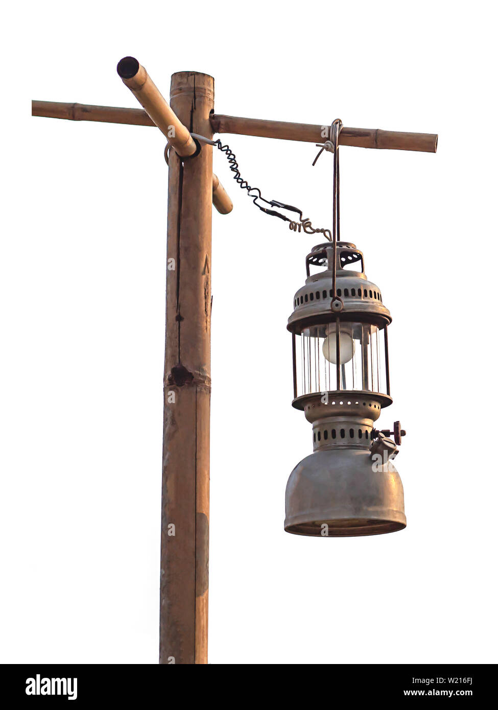 Isolated Old lantern hanging bamboo poles on a white background with  clipping path Stock Photo - Alamy