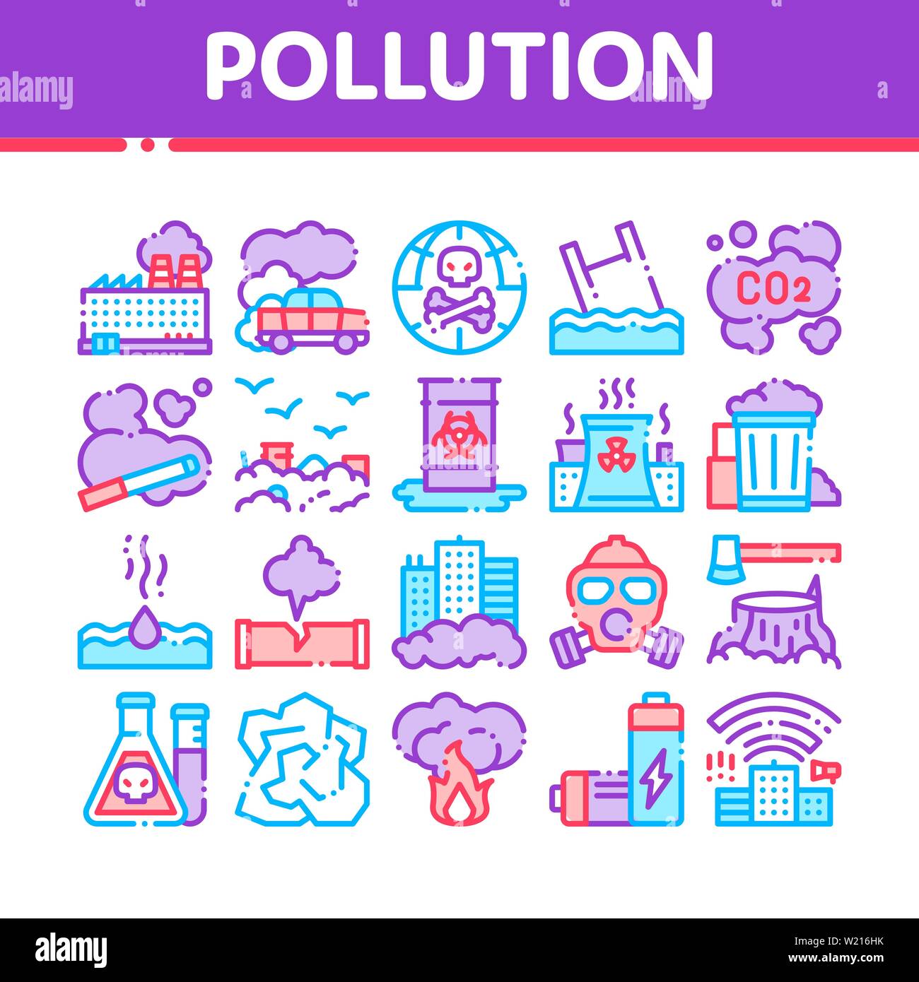 Pollution of Nature Vector Thin Line Icons Set Stock Vector