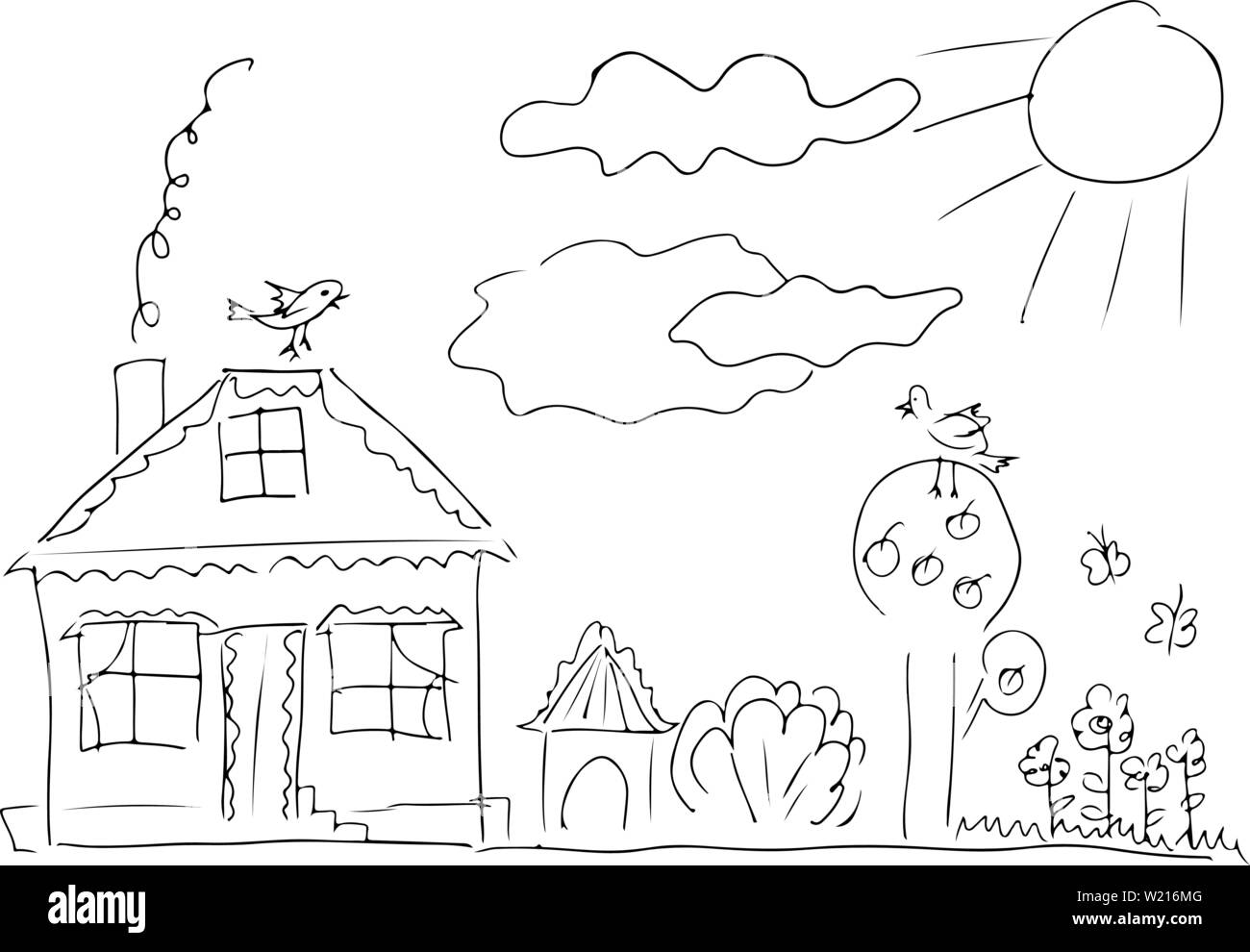 Sketch of countryside house surrounded by trees. Hand drawn vector illustration. Line art. Stock Vector