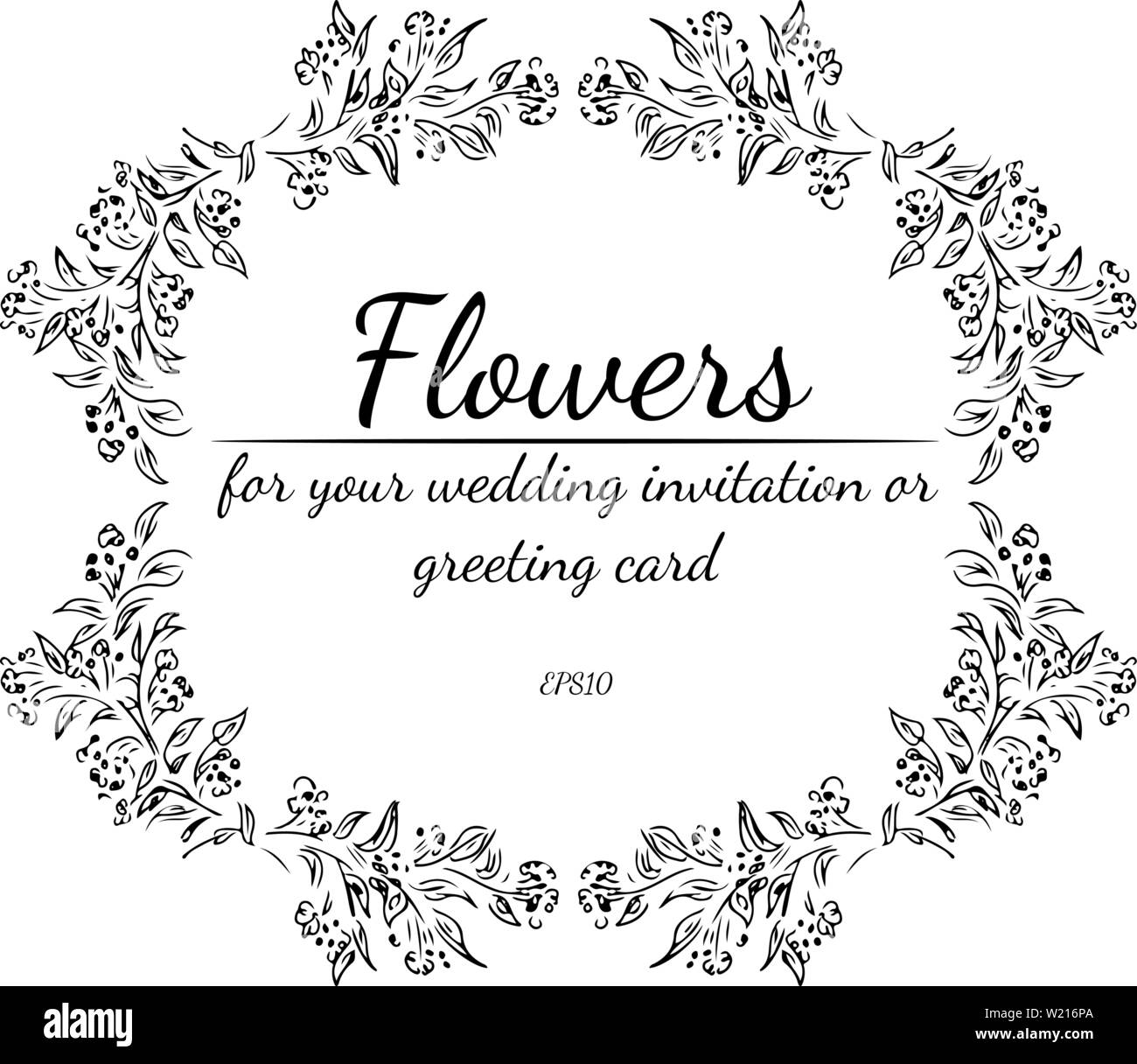 Wreath of roses or peonies flowers and branches isolated on white background. Foral frame design elements for invitations, greeting cards, posters. Ha Stock Vector